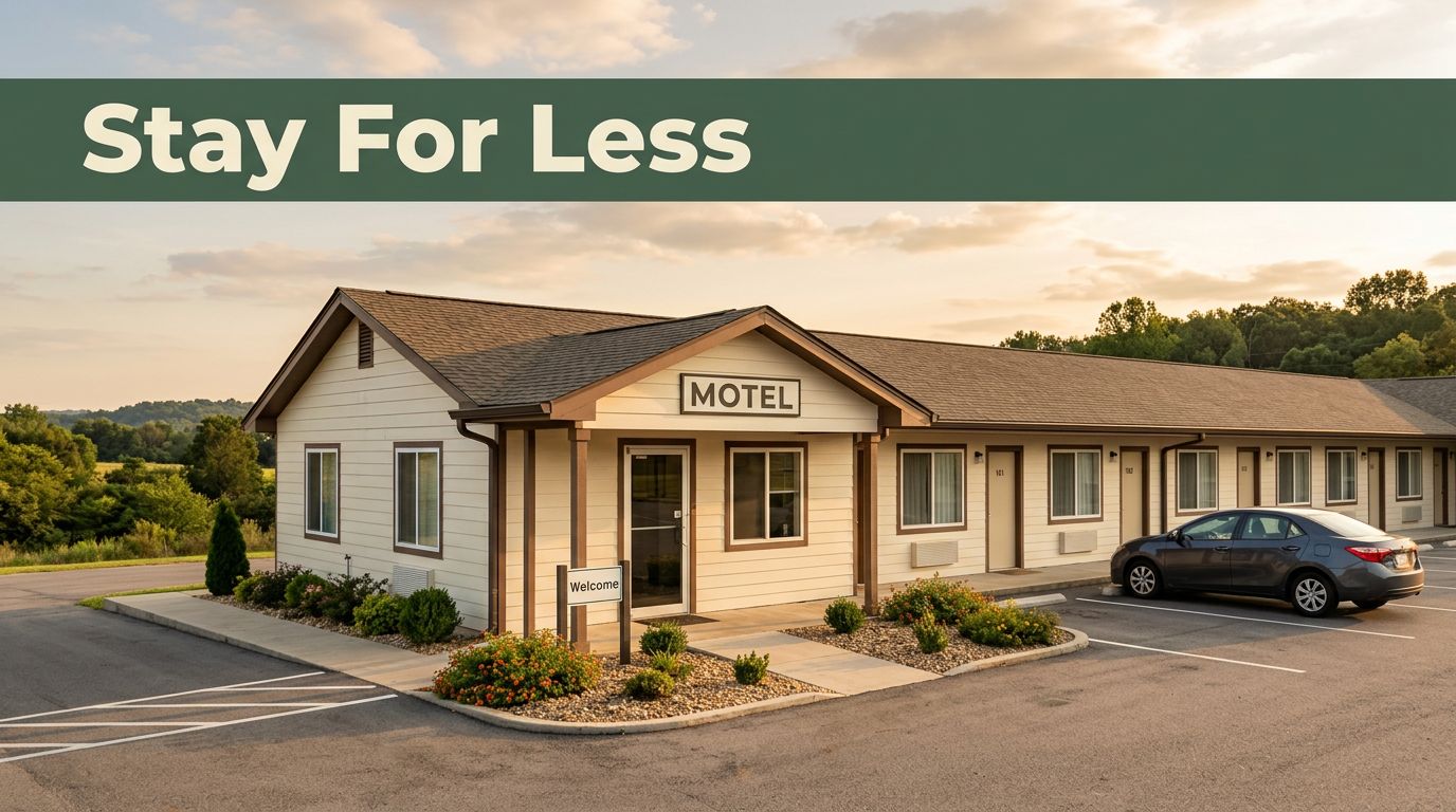 A clean motel entrance and parked car overlook the Alabama countryside at sunset.