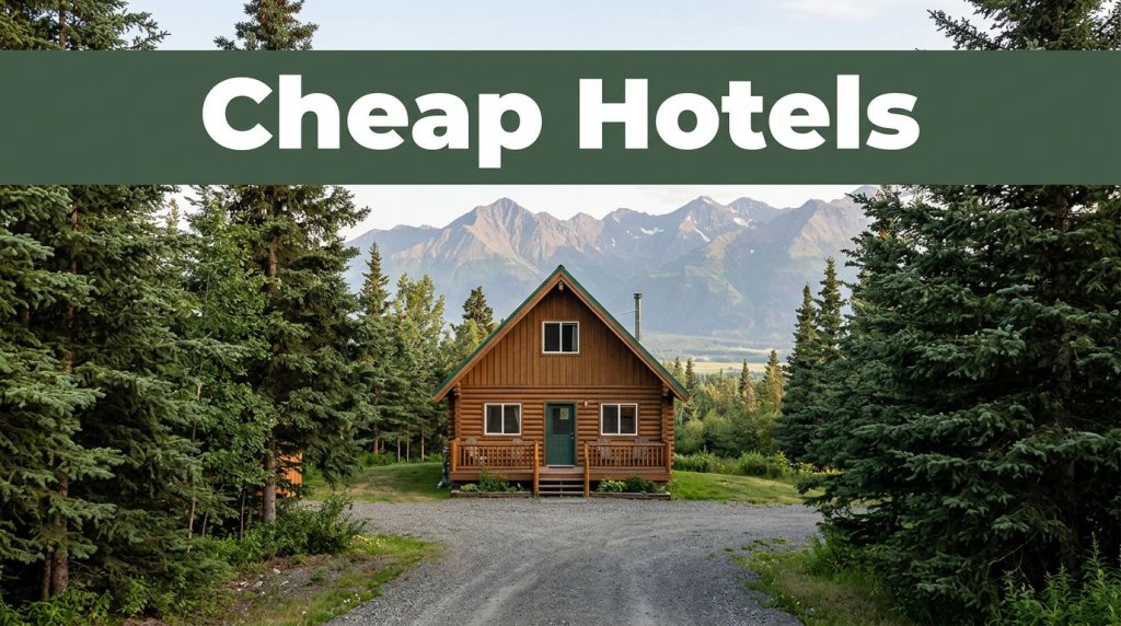 A cozy cabin B&B near Fishhook, Alaska, with spruce trees and mountain views.
