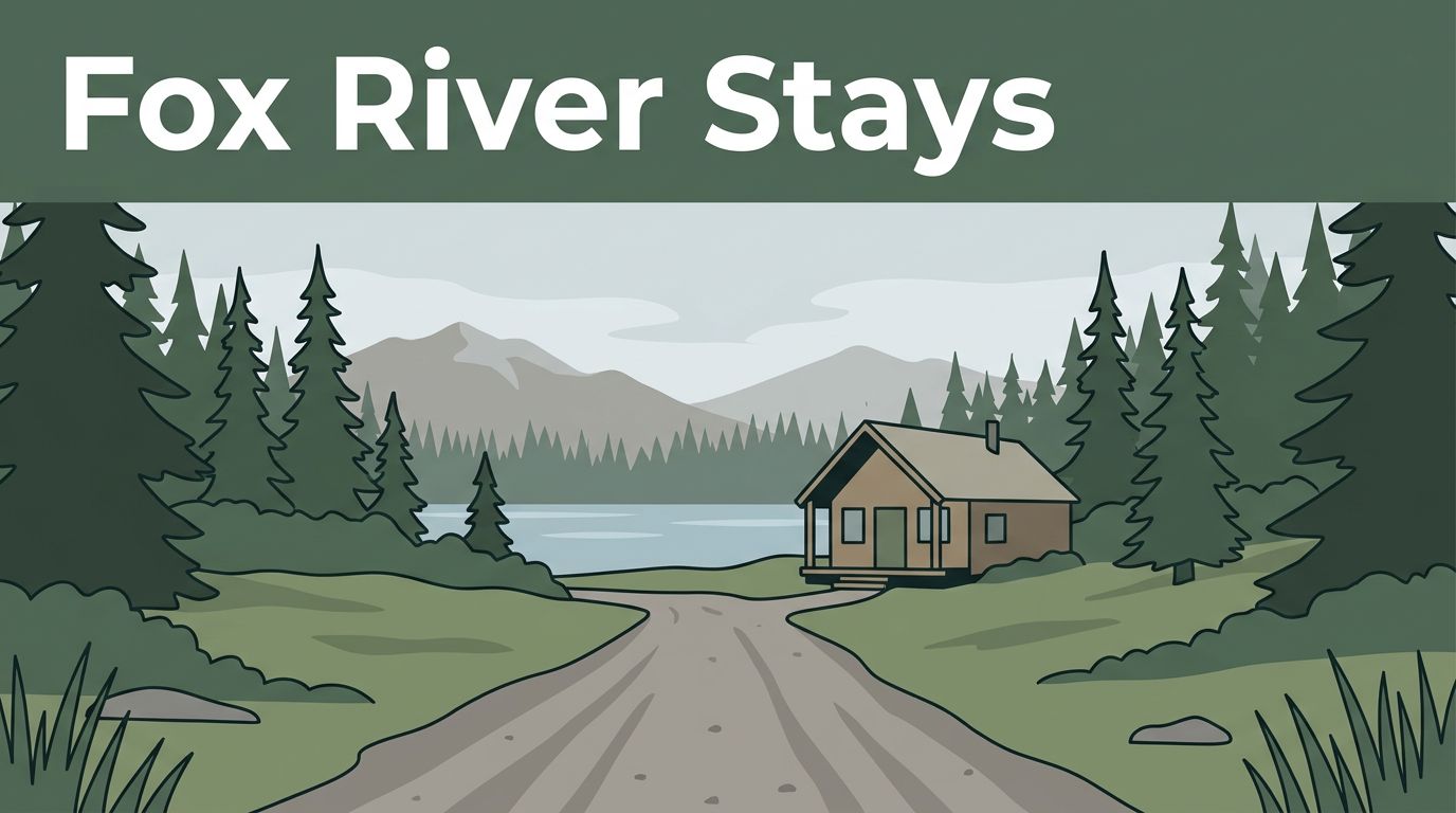 A gravel road leads through spruce trees to a cabin beside an Alaskan lake.