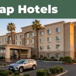 Affordable Garden Grove hotel with a parked car, palm trees, and a “Cheap Hotels” banner.