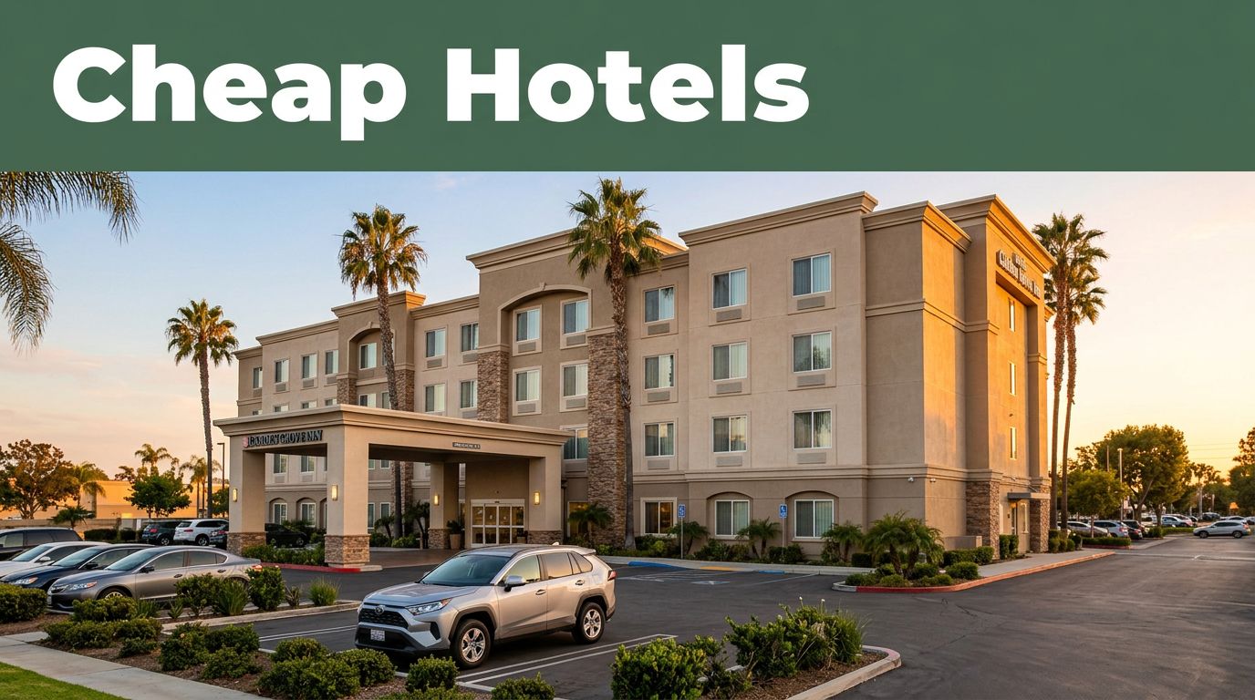Affordable Garden Grove hotel with a parked car, palm trees, and a “Cheap Hotels” banner.