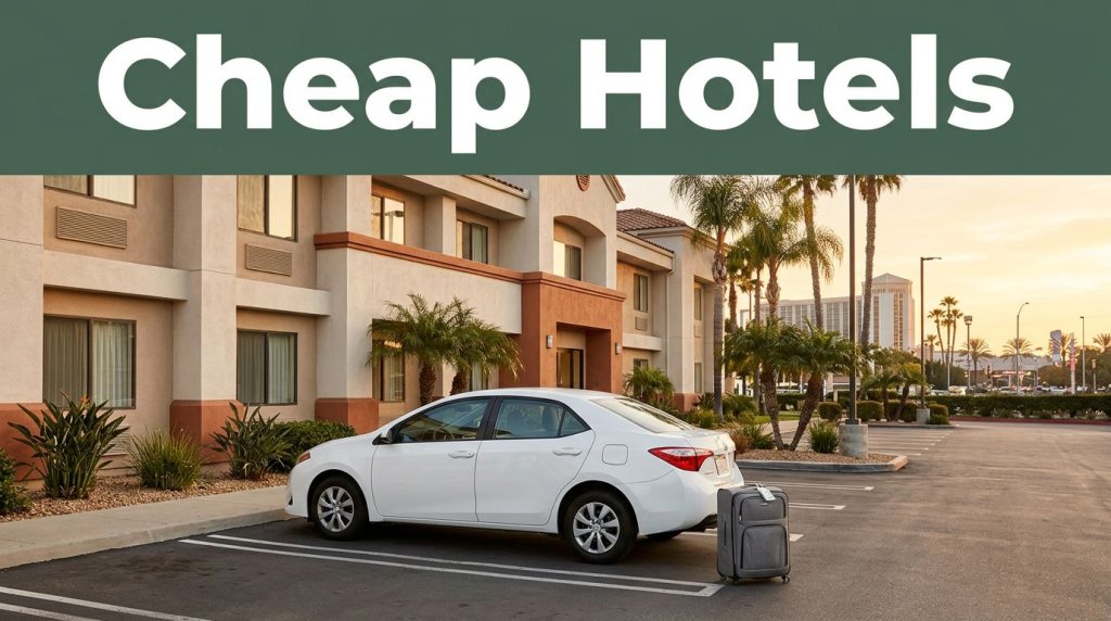 Affordable hotel exterior with a parked car, suitcase, and dark-green Cheap Hotels banner.