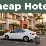 Affordable hotel exterior with a parked car, suitcase, and dark-green Cheap Hotels banner.