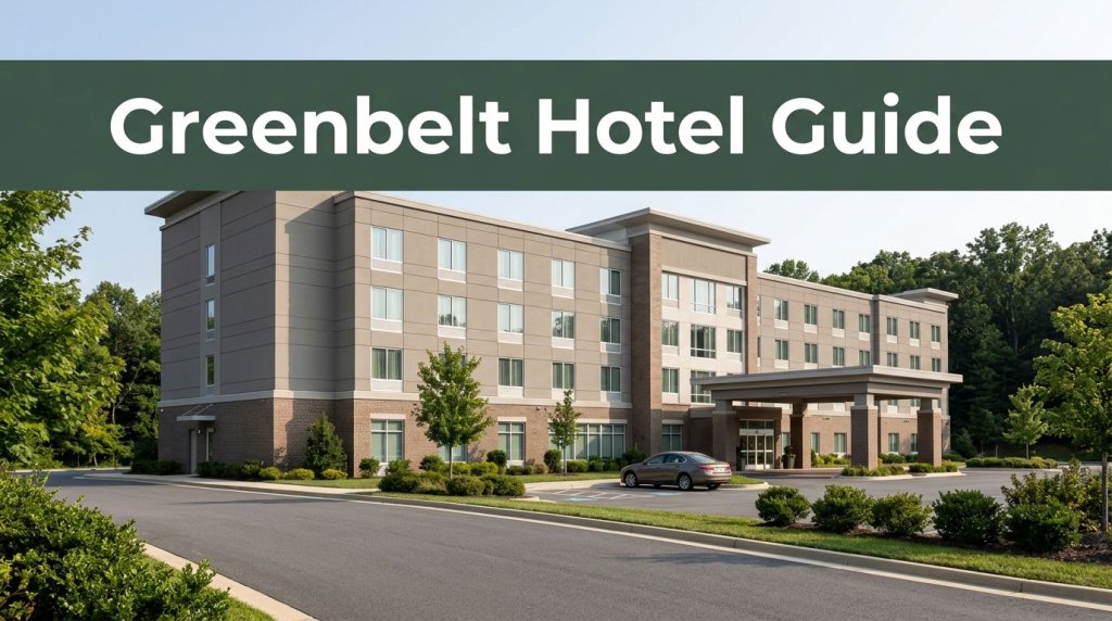 Hotel exterior with a road, parked car, and green header.