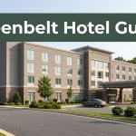 Hotel exterior with a road, parked car, and green header.