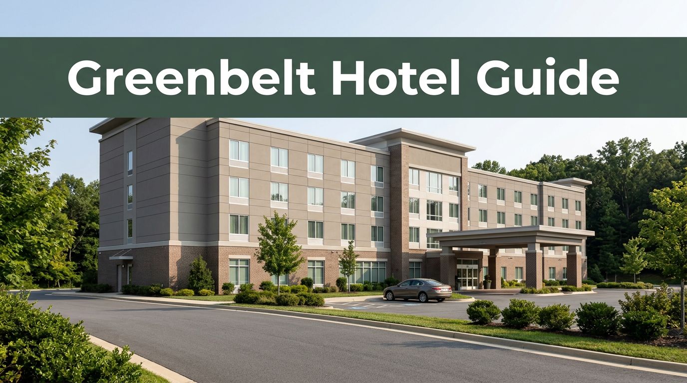 Hotel exterior with a road, parked car, and green header.