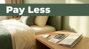 A budget hotel room with travel items arranged on a bedside table.