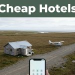 A remote cabin beside a gravel airstrip with a phone in front and a Cheap Hotels headline above.