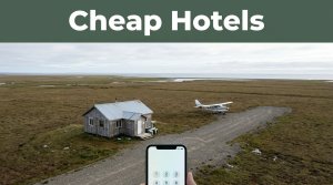 A remote cabin beside a gravel airstrip with a phone in front and a Cheap Hotels headline above.