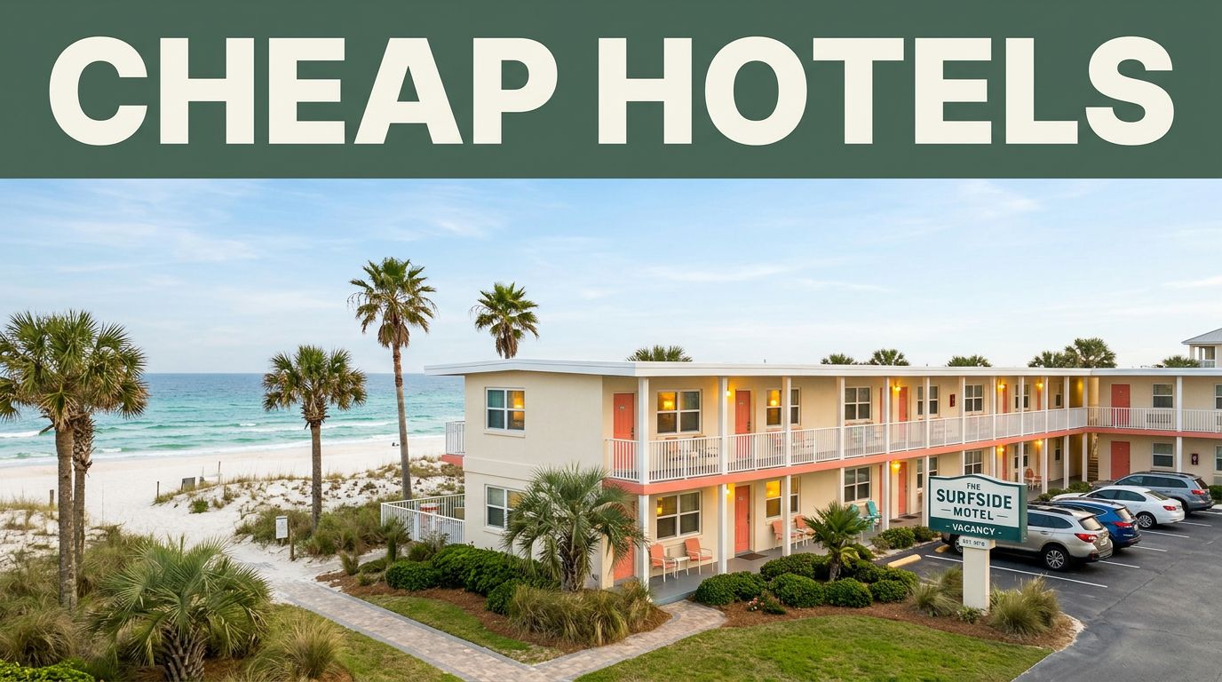 Affordable beachfront motel with palm trees and sandy shoreline in Gulf Shores.
