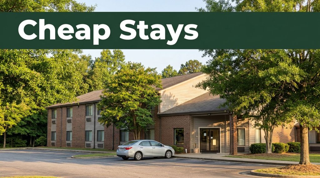 A modest roadside hotel with trees, a parked car, and a green Cheap Stays banner.