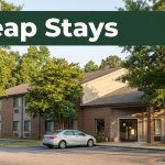 A modest roadside hotel with trees, a parked car, and a green Cheap Stays banner.