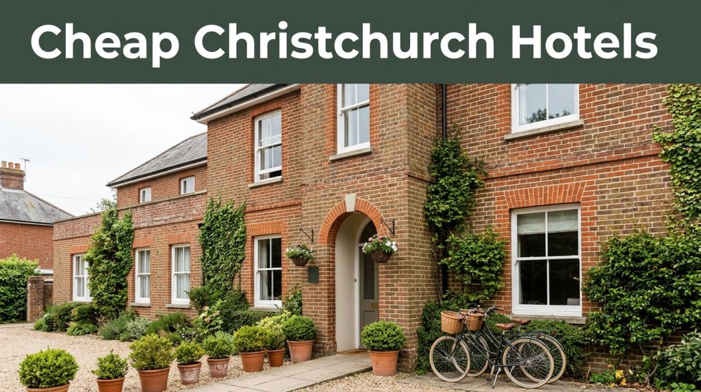 Modest Christchurch hotel with bicycles, greenery, and a green headline banner.