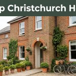 Modest Christchurch hotel with bicycles, greenery, and a green headline banner.