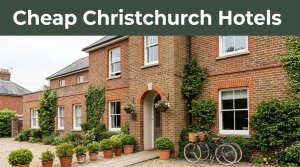 Modest Christchurch hotel with bicycles, greenery, and a green headline banner.