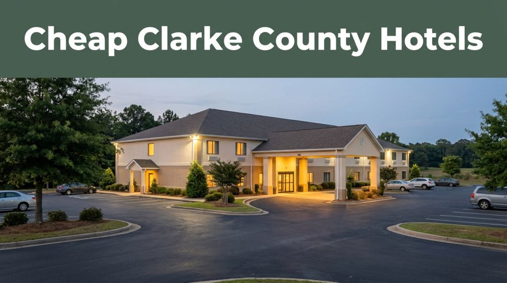 A modest roadside hotel in Jackson, Alabama, warmly lit beside a landscaped parking area.
