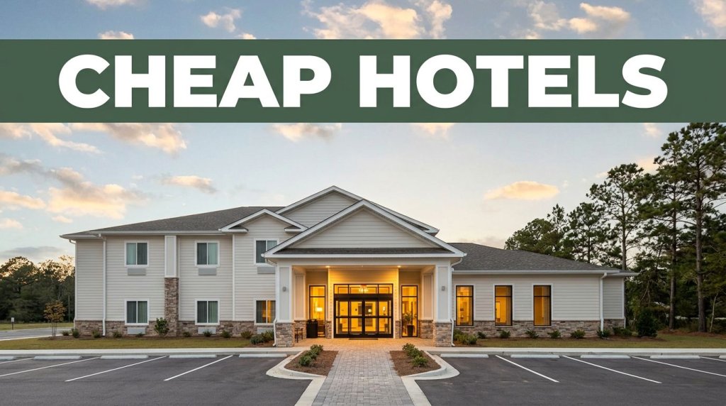 Budget hotel entrance with parking and pine trees at sunset.