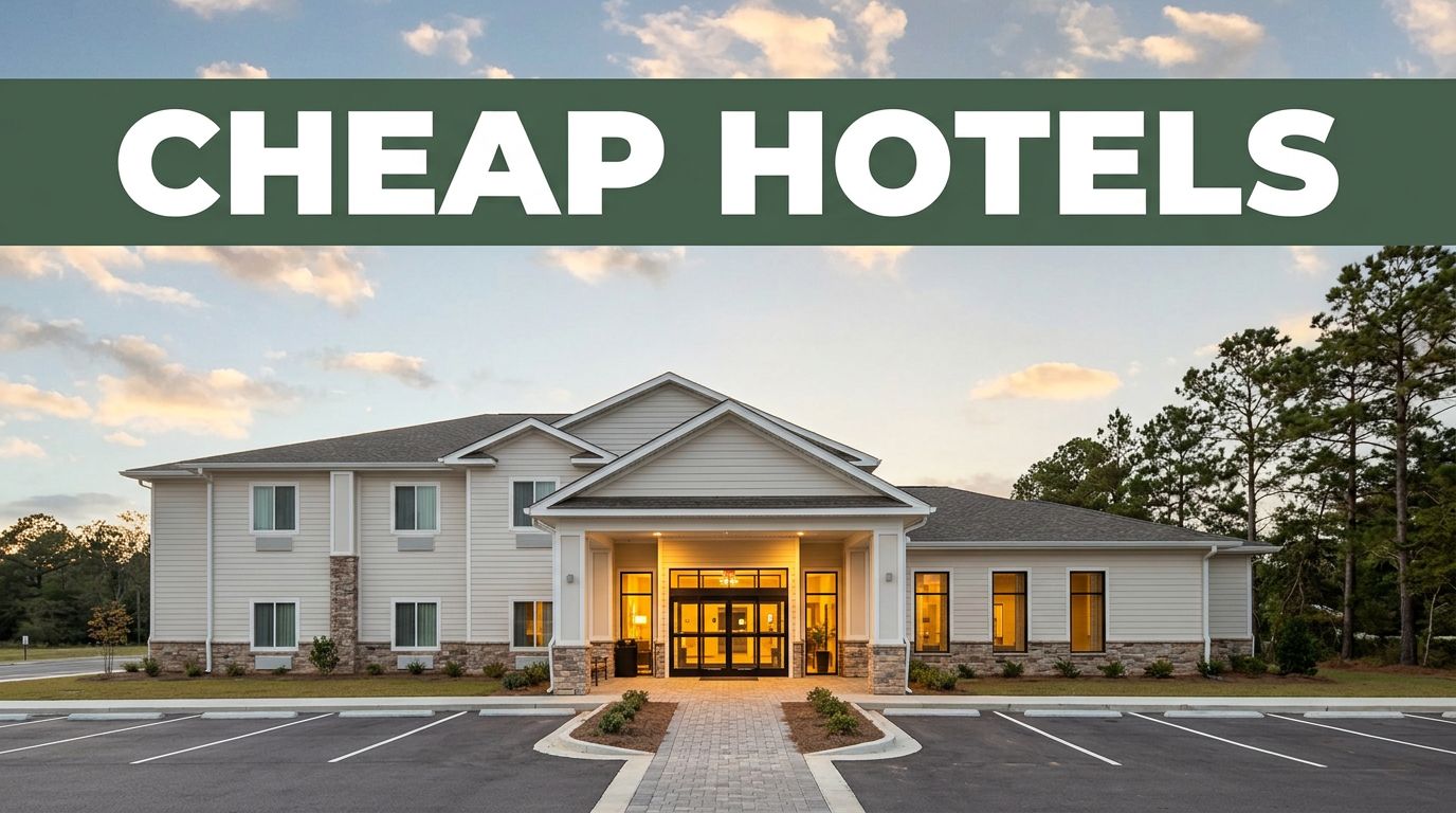 Budget hotel entrance with parking and pine trees at sunset.
