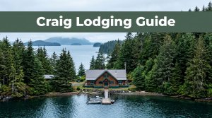 Rustic fishing lodge beside calm water with a dock, forest, and misty islands.