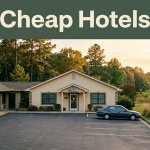 A roadside motel in Luverne at golden hour, with a parked car and a Cheap Hotels banner.