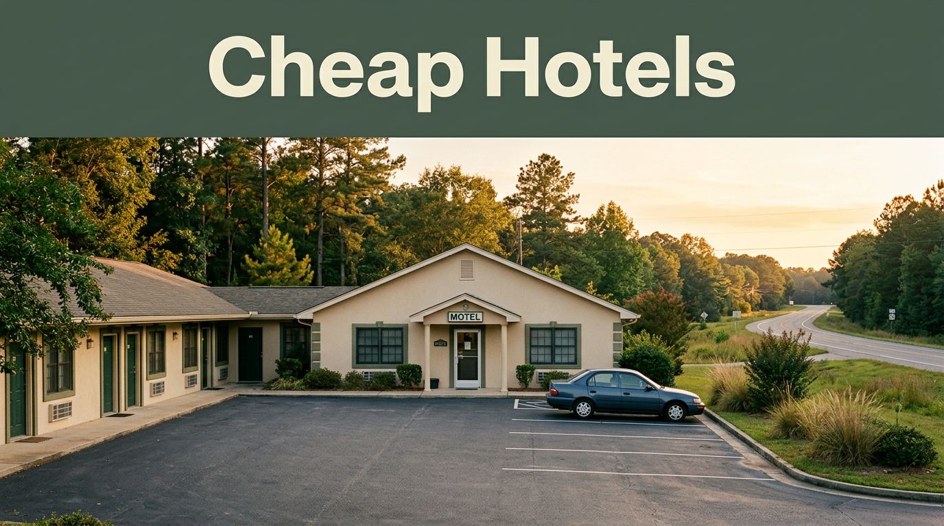 A roadside motel in Luverne at golden hour, with a parked car and a Cheap Hotels banner.