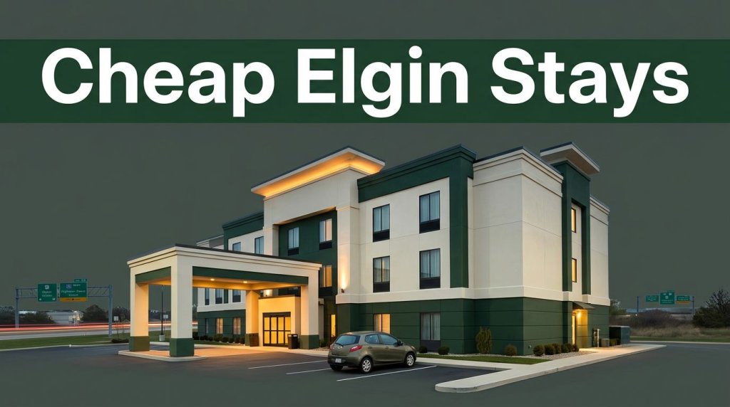 Budget hotel exterior in Elgin at dusk with a parked compact car and “Cheap Elgin Stays” headline.