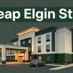 Budget hotel exterior in Elgin at dusk with a parked compact car and “Cheap Elgin Stays” headline.