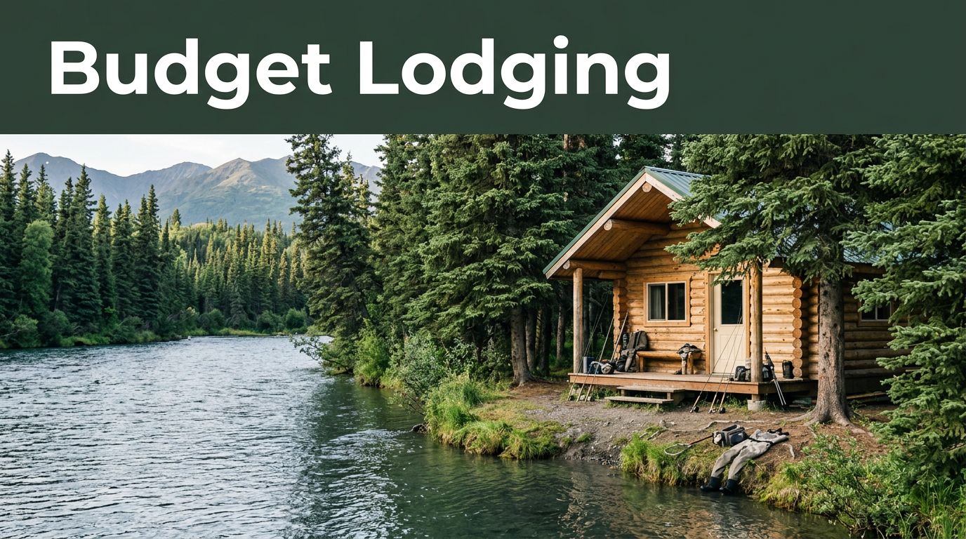 A rustic cabin beside an Alaskan river with fishing gear, spruce trees, and distant mountains.