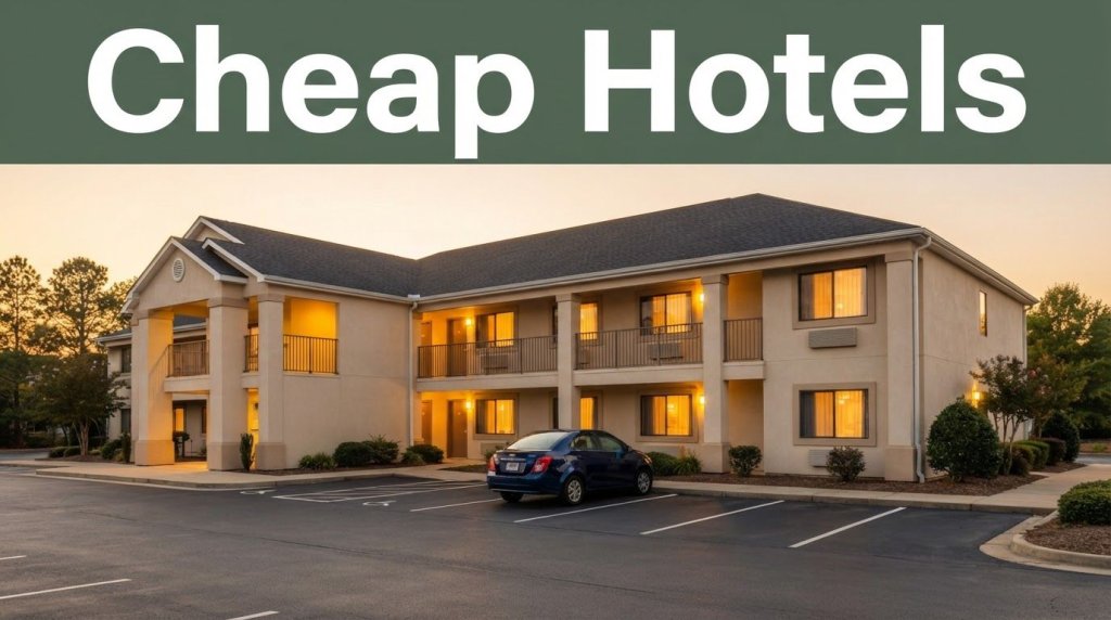 A budget hotel with warm windows, a parked car, and greenery at sunset.