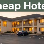 A budget hotel with warm windows, a parked car, and greenery at sunset.
