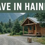 A small cabin and suitcase beside a gravel path in Haines, Alaska.
