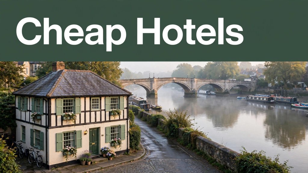 A guesthouse near the Thames with Henley Bridge in the background and a Cheap Hotels banner above.