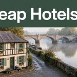 A guesthouse near the Thames with Henley Bridge in the background and a Cheap Hotels banner above.