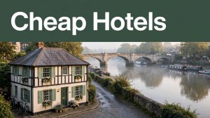 A guesthouse near the Thames with Henley Bridge in the background and a Cheap Hotels banner above.