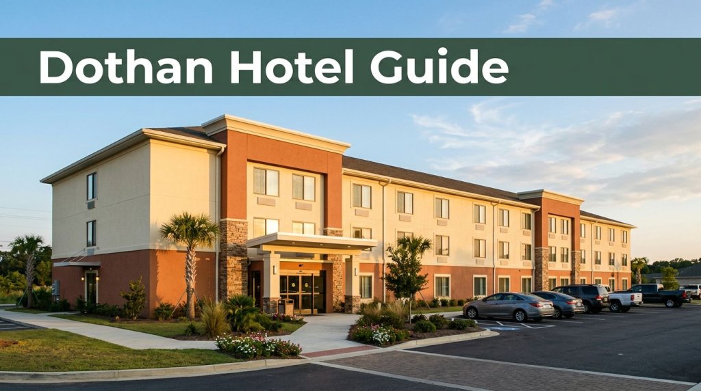 A budget hotel entrance with palms, parking, and a green Dothan Hotel Guide banner.