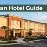 A budget hotel entrance with palms, parking, and a green Dothan Hotel Guide banner.