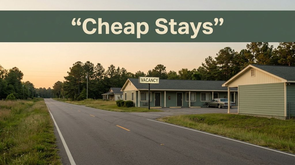 A roadside motel with a vacancy sign, parked car, and quiet highway at sunset.
