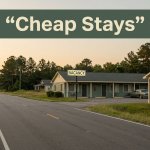 A roadside motel with a vacancy sign, parked car, and quiet highway at sunset.