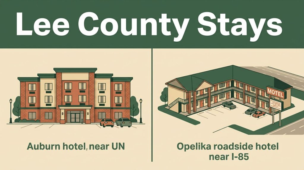 Illustration of budget hotels in Auburn and Opelika, Alabama.