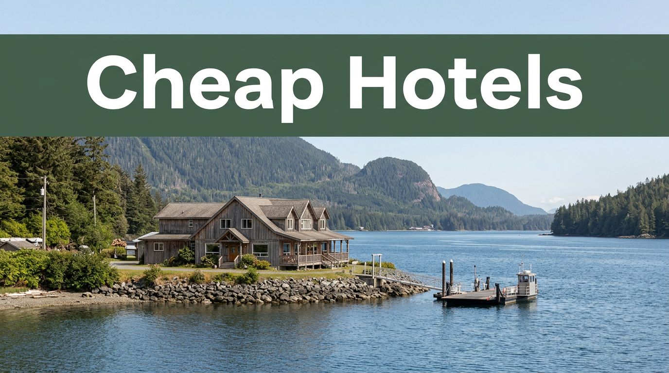 A waterfront lodge overlooks blue water, mountains, and a ferry dock beneath a Cheap Hotels banner.