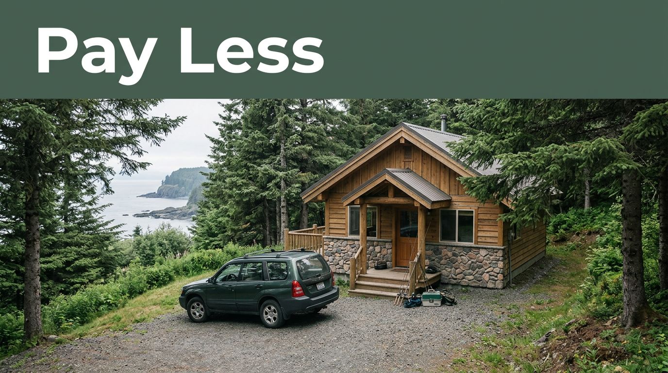 An Alaska cabin with an SUV, fishing gear, spruce trees, and a rugged coastline.