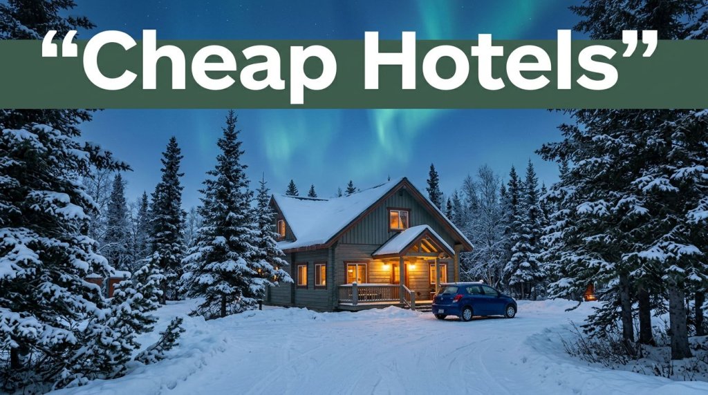 A cozy snowy lodge with a rental car and faint northern lights.