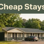 A modest motel and parked car sit in leafy surroundings beneath a Cheap Stays banner.