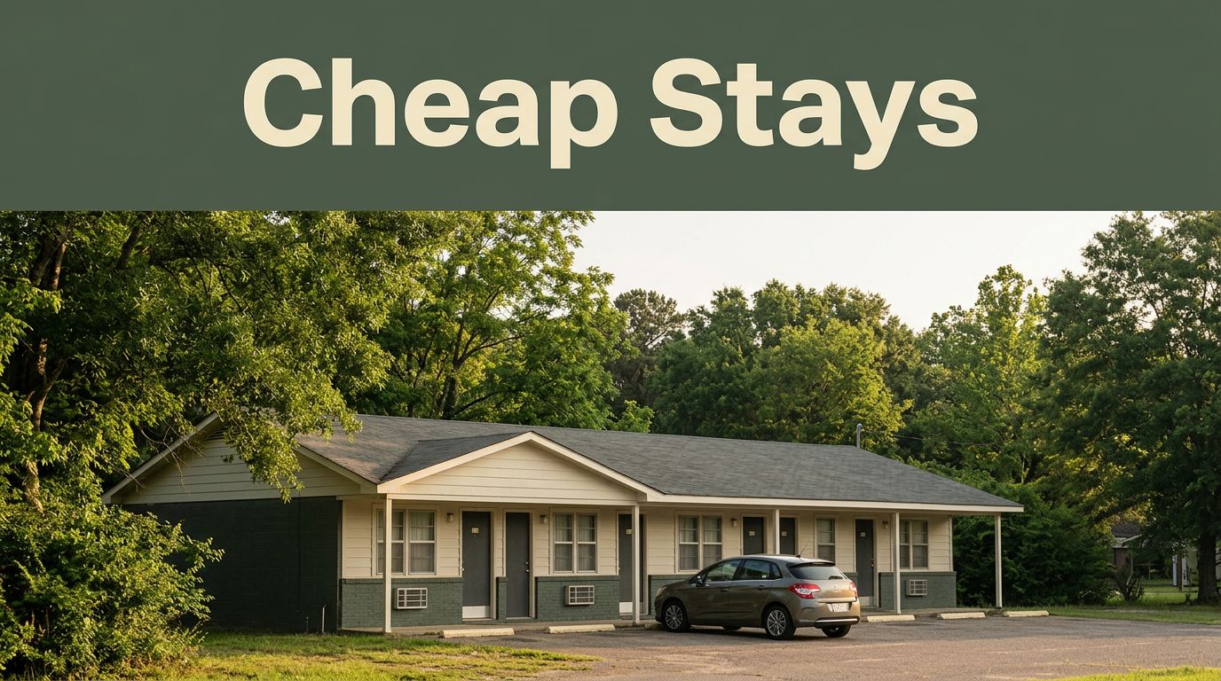 A modest motel and parked car sit in leafy surroundings beneath a Cheap Stays banner.