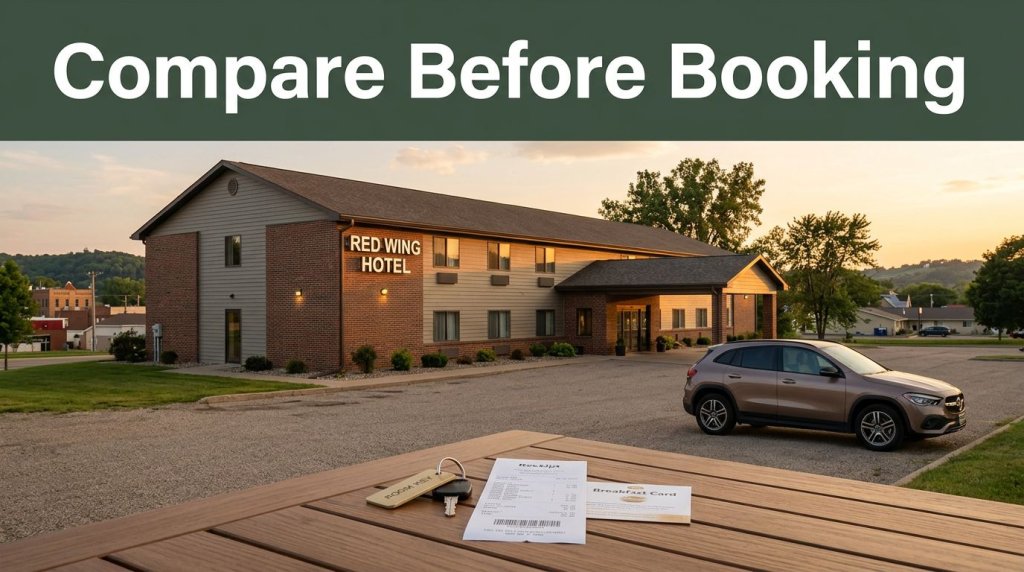 Affordable roadside hotel with a car and booking items on a table at sunset.