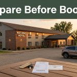 Affordable roadside hotel with a car and booking items on a table at sunset.