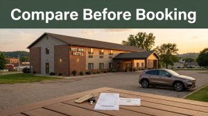 Affordable roadside hotel with a car and booking items on a table at sunset.