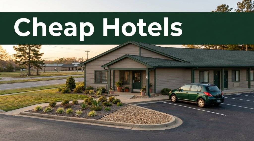Budget motel with a compact car and landscaped entrance at golden hour.