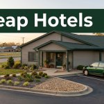 Budget motel with a compact car and landscaped entrance at golden hour.