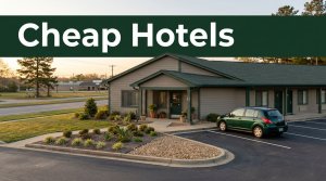 Budget motel with a compact car and landscaped entrance at golden hour.